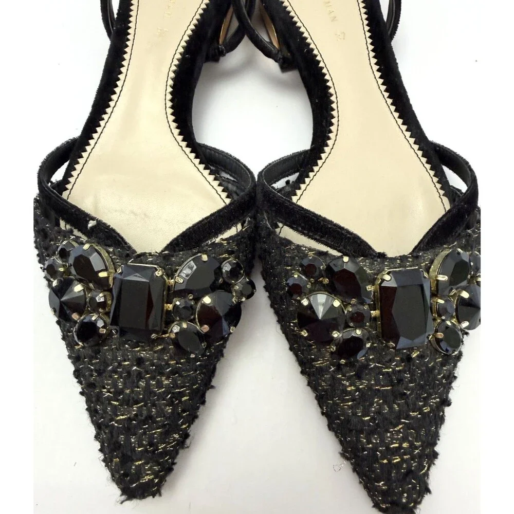 Zara Woman Black Tweed Jeweled Slingback Flats Gold Metallic Heel Sz EU 37/US 7